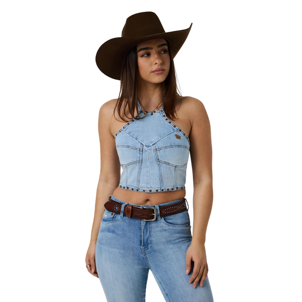 Ringers Western Womens Willow Denim Halter Top (225156RW)  Vintage Light Blue