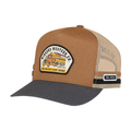 The Ringers Western Workhorse Deep Fit Trucker Cap (425048RW) in Clay/Charcoal features a deep fit, black brim, mesh back, adjustable snapback, and patches with a yellow truck, "Ringers Western Co." and "Est. 2012.