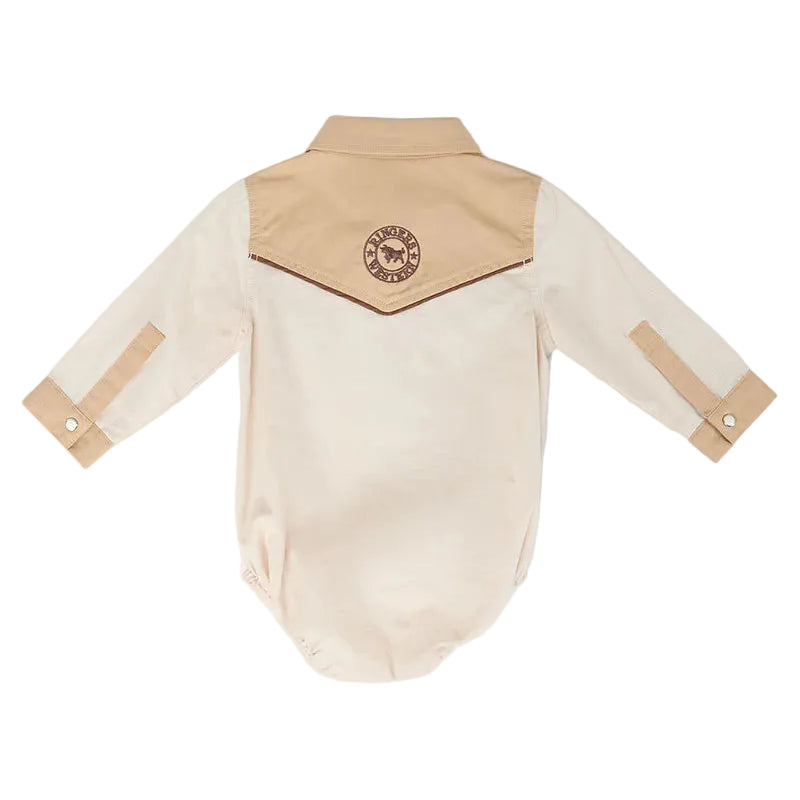 Beige and white baby romper with a logo on a white background