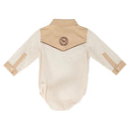 Beige and white baby romper with a logo on a white background