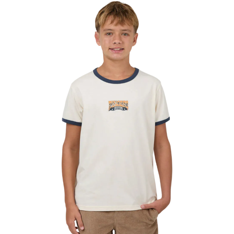 Young boy wearing a white t-shirt with a logo on a white background
