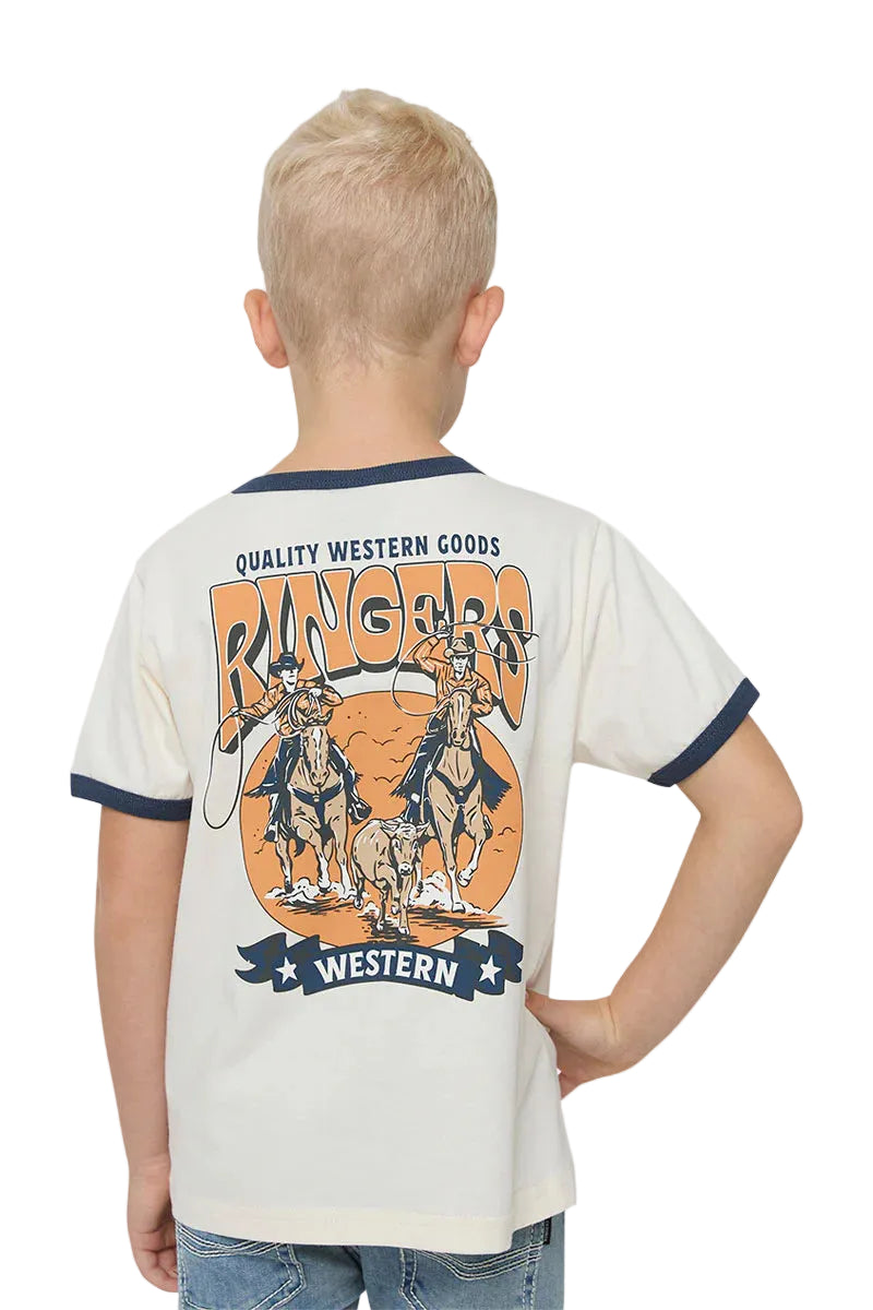 Ringers Western Boys Dust N Ropes S/S Ringer Tee (925015RW)  Off White/Blue