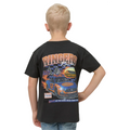 Child wearing a black t-shirt with a racing graphic on the back, standing against a plain background.