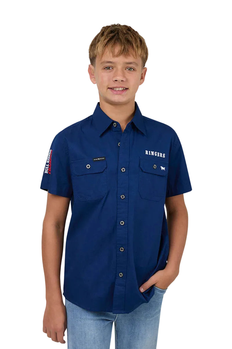 Child wearing a blue work shirt with visible branding on a plain background