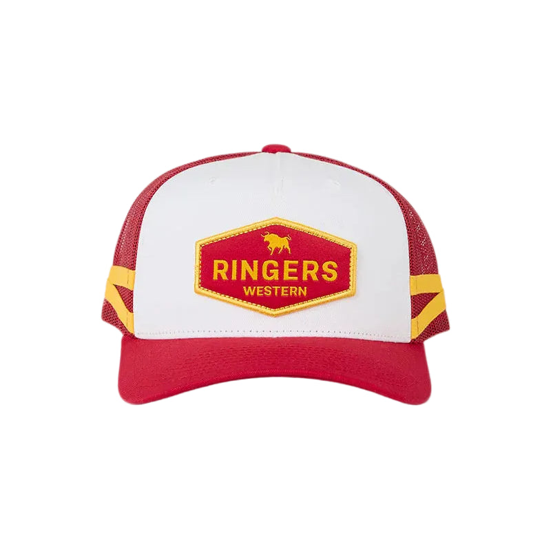 A red and white trucker hat with a yellow and red 'Ringers Western' patch on the front, set against a white background.