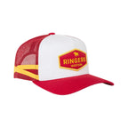 Red and white cap with a yellow and red logo on a white background