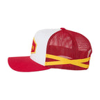A red and white trucker-style cap with a yellow accent band across the back and a small yellow logo patch on the side, shown against a light gray background.