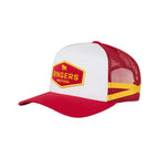 Red and white cap with a yellow and red logo on a white background