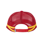 Red mesh trucker cap viewed from the back, featuring a yellow accent band around the crown and a red adjustable strap at the back.