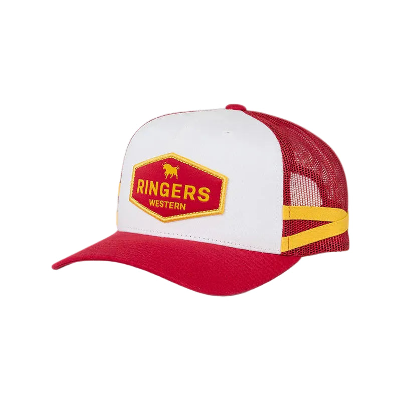 A red and white trucker hat featuring a 'Ringers Western' patch on the front, with a red brim, white front panels, and red mesh back panels with a yellow side accent.