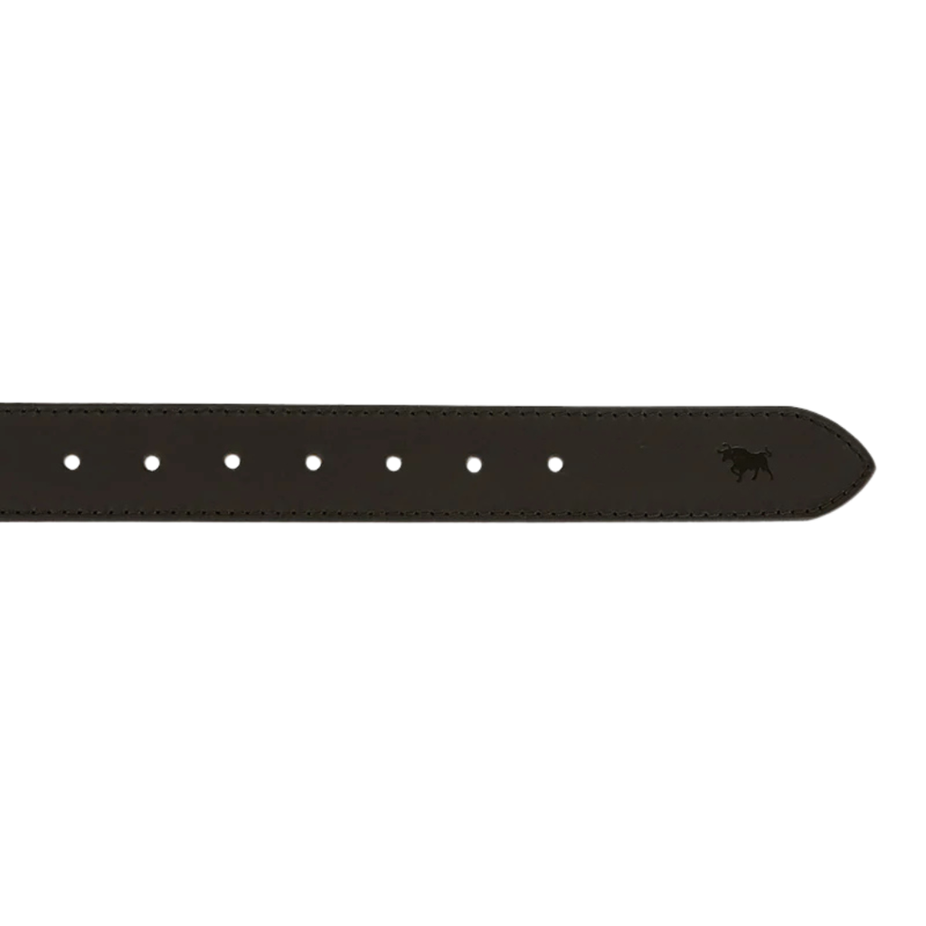 The tail end of a black Ringers Western Children's James belt on a white background.