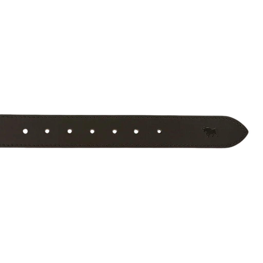 The tail end of a black Ringers Western Children's James belt on a white background.