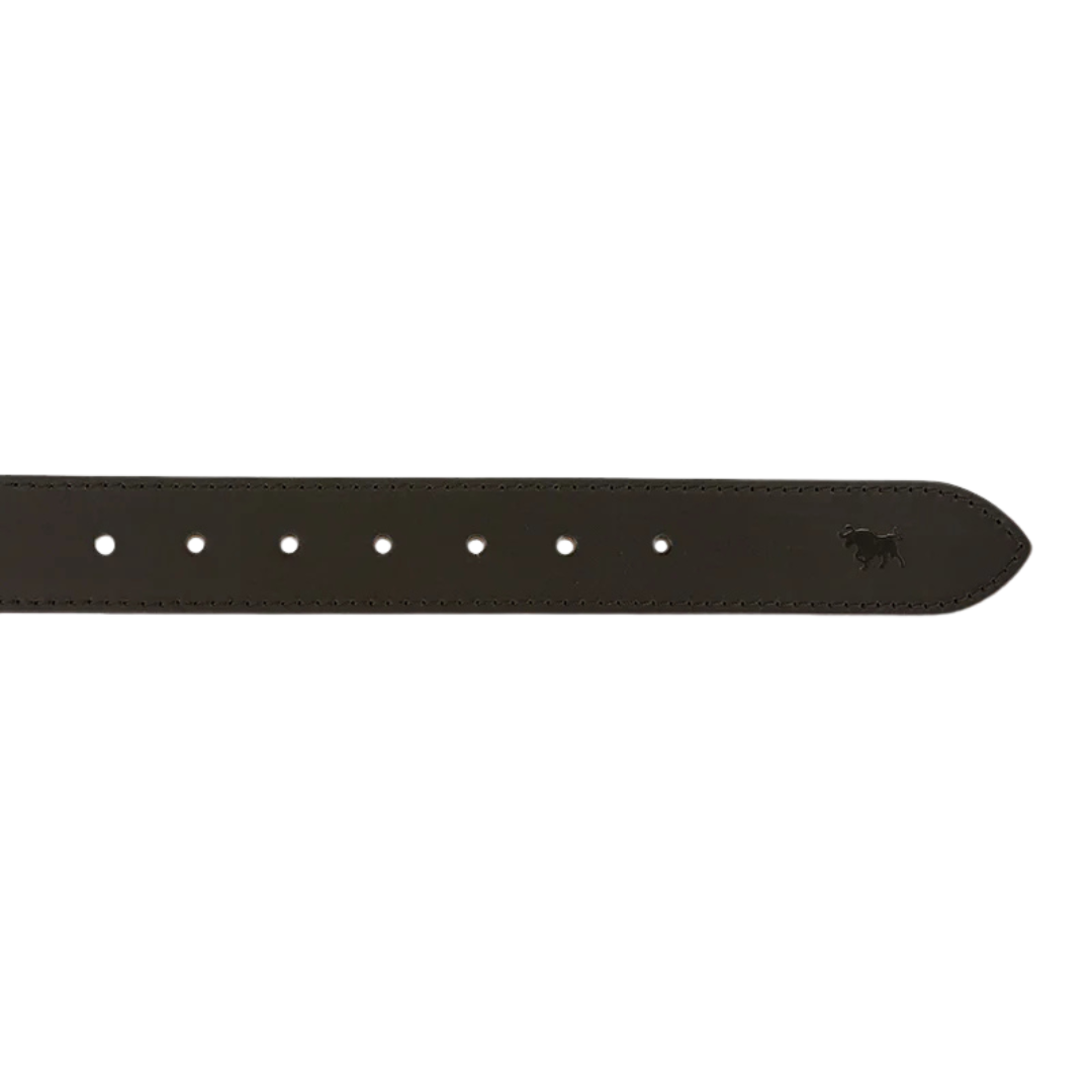 The tail end of a black Ringers Western Children's James belt on a white background.