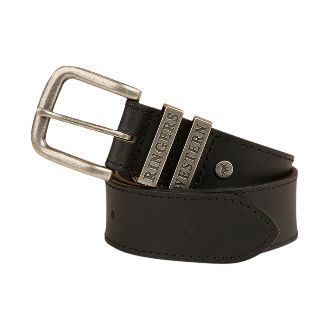 A black Ringers Western Children's James belt with a silver buckle on a white background.
