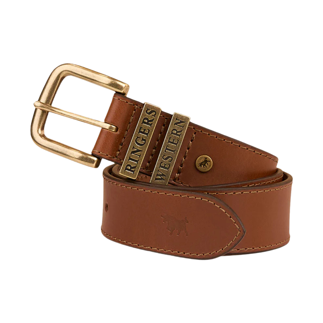 Tawny brown Ringers Western Children's James belt with a gold buckle on a white background.