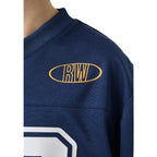 Navy blue sports jersey with a yellow logo