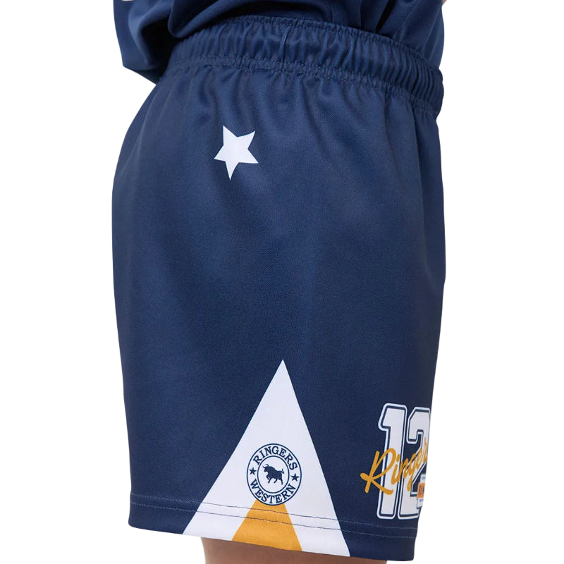 Navy blue shorts with a star, circular logo, and number 12 on a white background