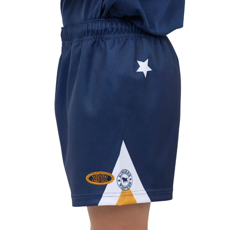 Navy shorts with a star and logo on a plain background