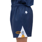 Navy shorts with a star and logo on a plain background
