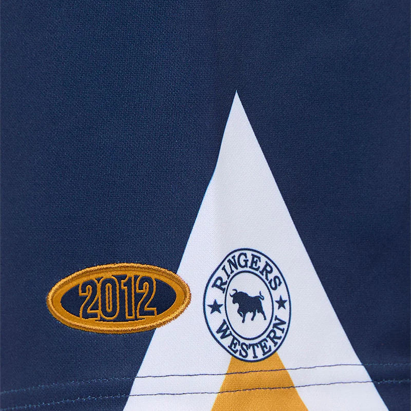 Navy blue shorts with a white triangle featuring '2012' and a logo.