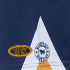 Navy blue shorts with a white triangle featuring '2012' and a logo.