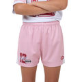 A child wearing light pink athletic shorts with a white and red sports jersey partially visible, photographed against a plain white background.
