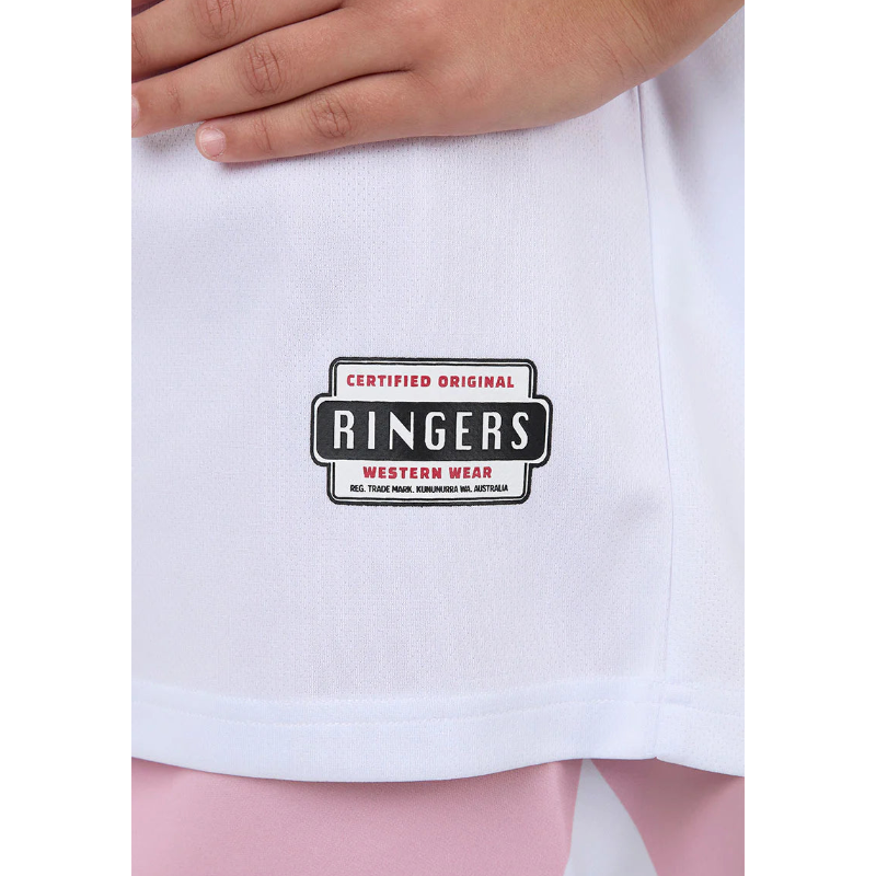 White shirt with 'Ringers Western Wear' logo, hand visible at top
