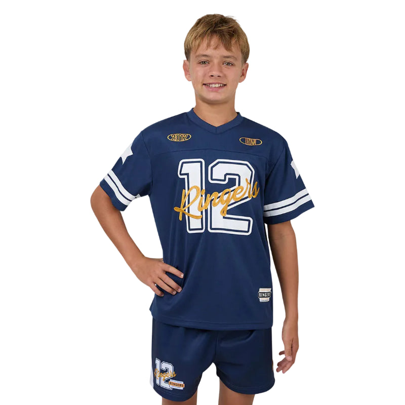 Child wearing a blue sports jersey with number 12 and 'Ringers' text on a white background