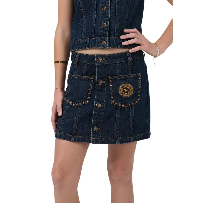 Ringers Western Girls Cowgirl Squad Studded Mini Skirt (425145RW)  Vintage Blue Wash