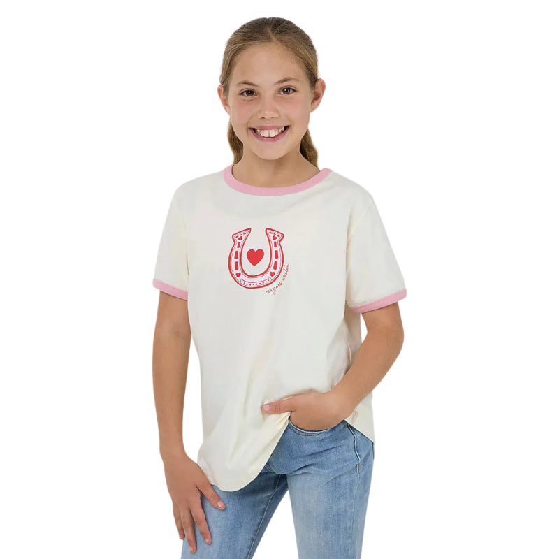 Young girl wearing a white t-shirt with pink trim and a red horseshoe design on a white background