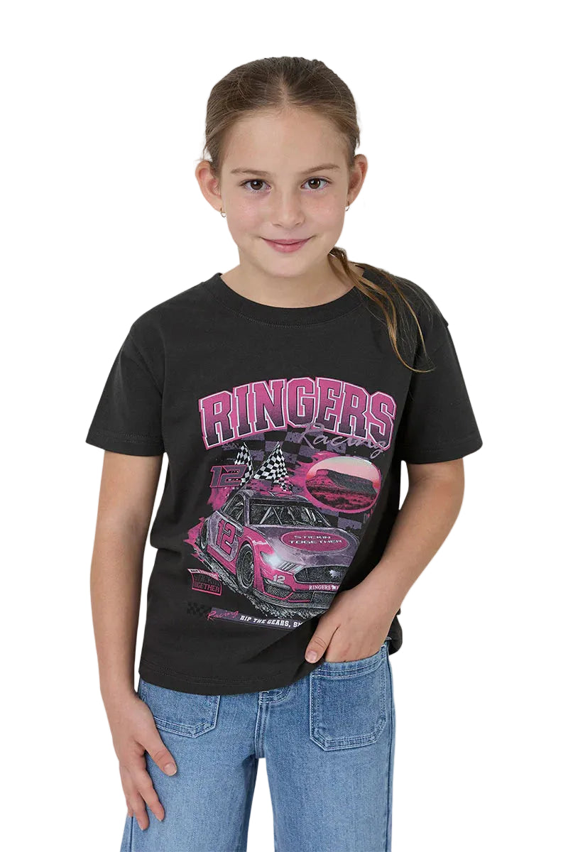 Young girl wearing a black t-shirt with pink car graphic and 'Ringers' text on a white background