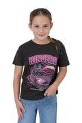 Young girl wearing a black t-shirt with pink car graphic and 'Ringers' text on a white background