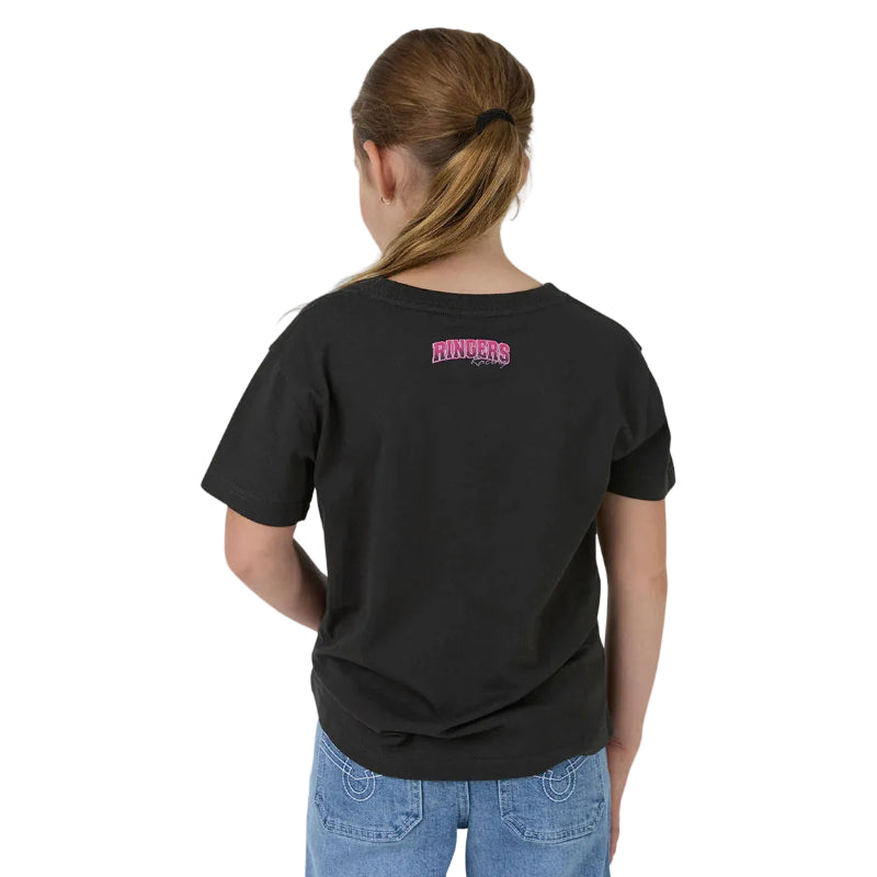 Person wearing a black t-shirt with text on the back, standing against a plain background