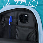 Close-up of a backpack with a phone case inside, featuring a bull logo on a teal background.