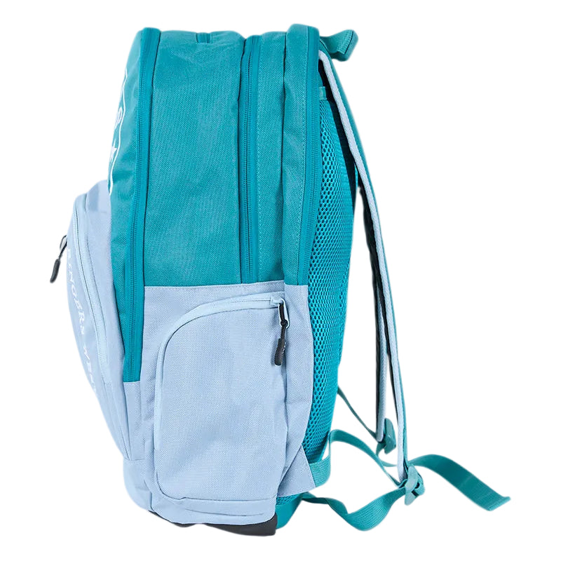 Two-toned blue backpack on a light gray background
