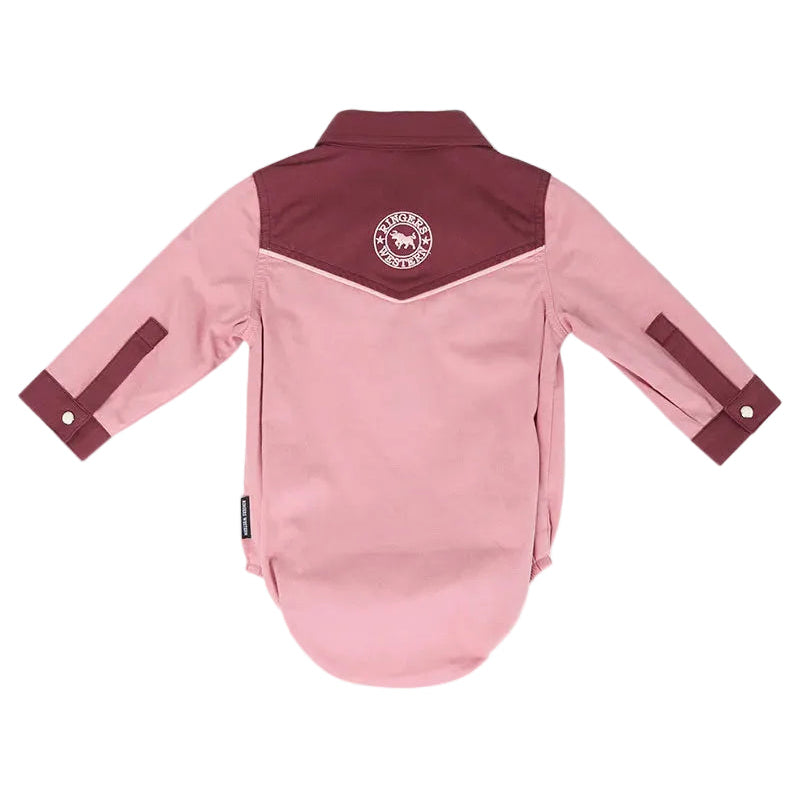Pink and maroon baby onesie with a logo on a white background
