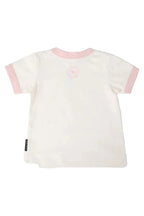 A white short-sleeve baby t-shirt with light pink trim on the collar and sleeve cuffs, featuring a small pink circular logo on the upper back.