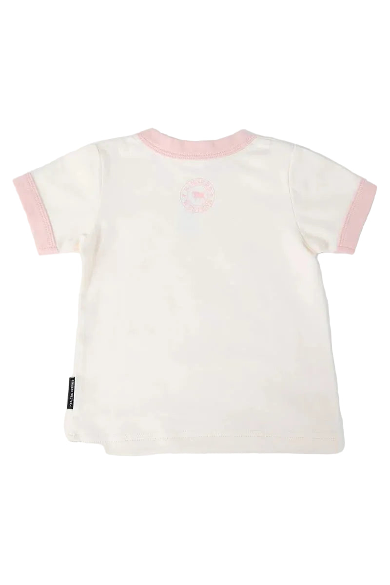 A white short-sleeve baby t-shirt with light pink trim on the collar and sleeve cuffs, featuring a small pink circular logo on the upper back.
