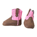 A pair of infant western-style boots in brown and bright pink, shown from the side and back on a white background.
