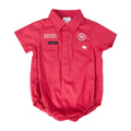 A baby short-sleeve collared romper in a vibrant pinkish-red fabric, featuring 'Ringers Western' embroidered and  a circular logo on the chest, and a black brand label on the pocket.