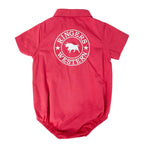 A pinkish-red short-sleeve baby romper with a white circular 'Ringers Western' logo printed on the back, displayed flat against a white background.