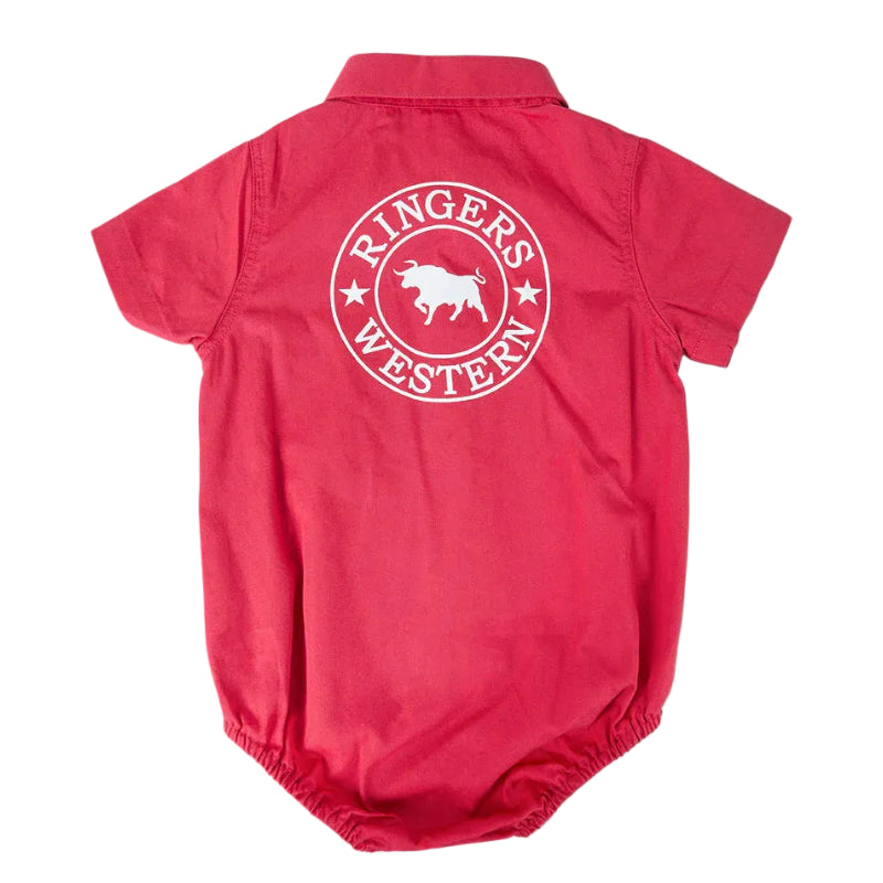 A pinkish-red short-sleeve baby romper with a white circular 'Ringers Western' logo printed on the back, displayed flat against a white background.