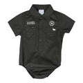 CHarcoal baby romper with 'Ringers Western' branding on a white background