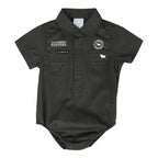 CHarcoal baby romper with 'Ringers Western' branding on a white background