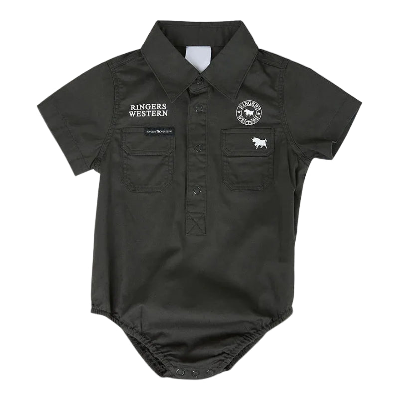 CHarcoal baby romper with 'Ringers Western' branding on a white background