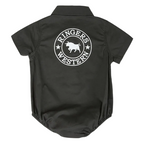 A charcoal short-sleeve baby shirt with a white circular 'Ringer's Western' bull logo printed on the back, shown against a white background.
