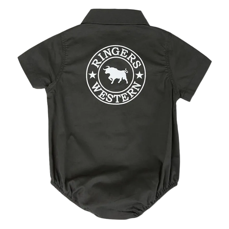 A charcoal short-sleeve baby shirt with a white circular 'Ringer's Western' bull logo printed on the back, shown against a white background.