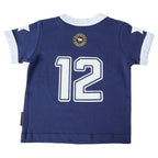 A navy blue short-sleeve baby t-shirt shown from the back, featuring the number 12 in white with a navy outline, a circular gold crest, and white sleeve accents, set against a white background.