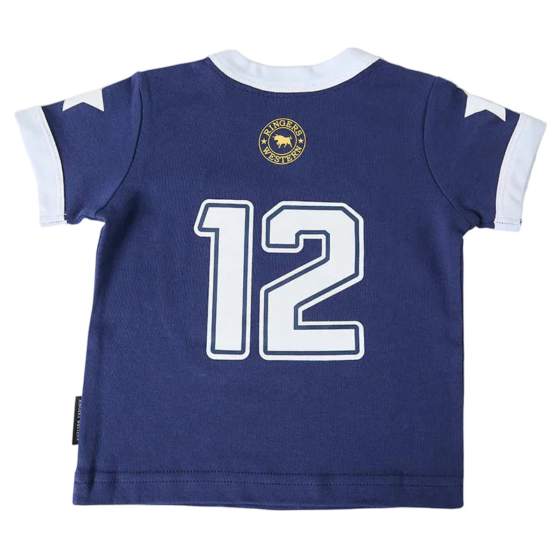 A navy blue short-sleeve baby t-shirt shown from the back, featuring the number 12 in white with a navy outline, a circular gold crest, and white sleeve accents, set against a white background.