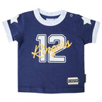 A navy blue baby t-shirt with white and yellow graphics. The front features a large white number '12' outlined in black, overlaid with the word 'Ringers' in yellow script.